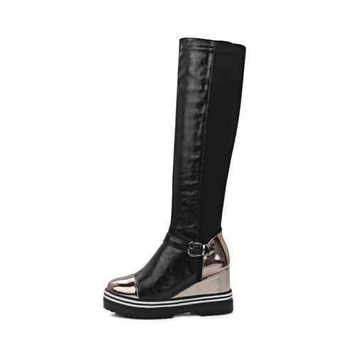 Women Patent Leather Platform Wedges Knee High Boots