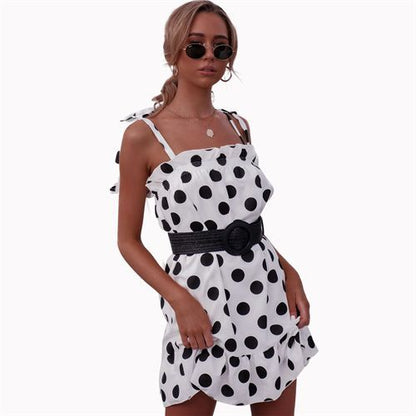 Dots Flounce Shoulder Lace-up Short Women's Dresses