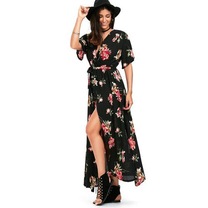 Vintage Crushed Flower Deep V-neck High Open Fork Short-sleeved Holiday Beach Dress Women Dresses