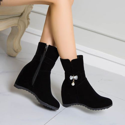 Women Bow Tie Pearl Wedges Short Boots Winter Shoes