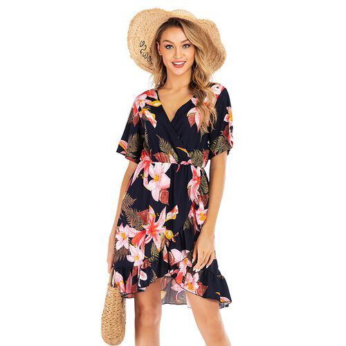 Fashionable Flower Print V-neck Short Sleeve with Fresh Wrinkles Women Dresses
