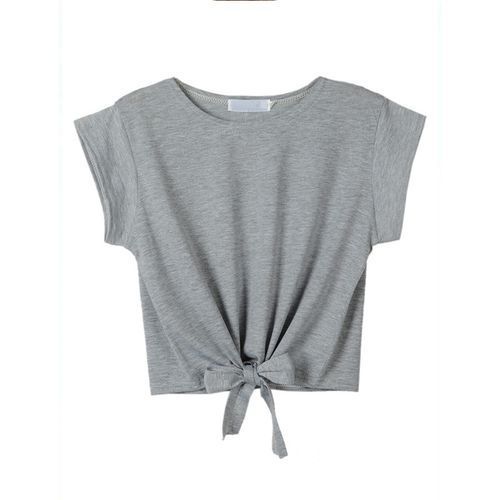 Sexy Knot Solid Color Short Navel-baring Round Neck Women T Shirts