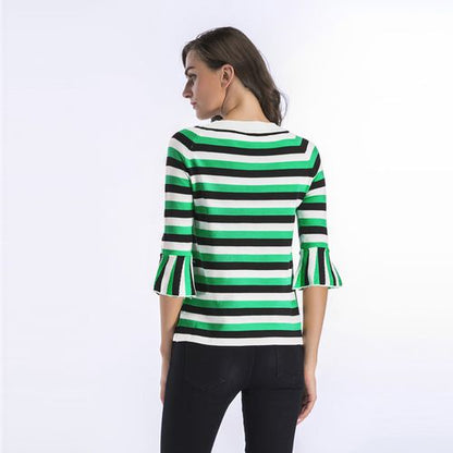 Horn Sleeve Striped Sweater Women's Spring Trim Round Collar Mid-sleeve Knitwear