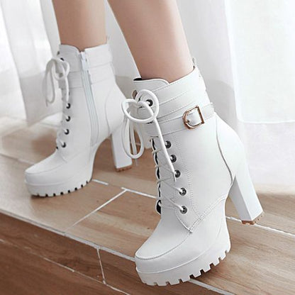 Women's Lace Up Buckle High Heels Platform Short Boots