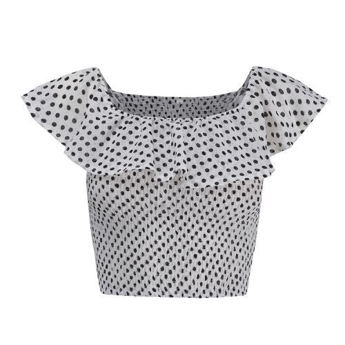 Dots Sexy Off Shoulder Flounce Elasticity Short Navel-baring Women T Shirts