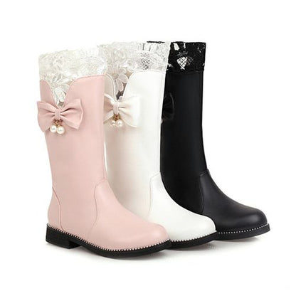 Women Lace Bow Low Heels Mid Calf Boots