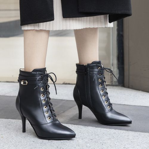 Pointed Toe Lace Up Buckle Women's High Heeled Ankle Boots