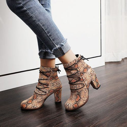 Women Snake Pattern High Heels Short Boots Winter Shoes