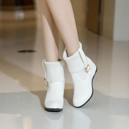 Women Buckle Wedges Heels Short Boots Winter Shoes