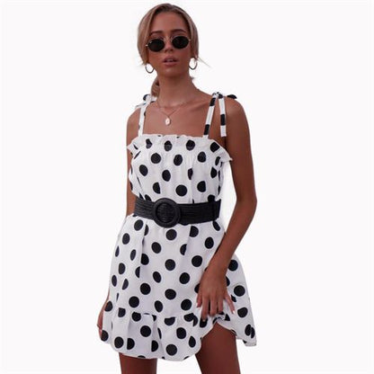 Dots Flounce Shoulder Lace-up Short Women's Dresses