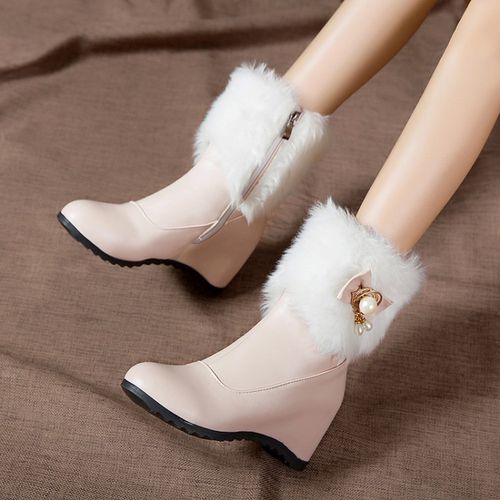 Women Pearl Wedges Heels Short Boots Winter Shoes
