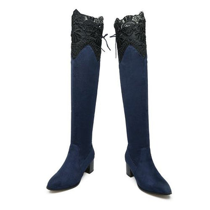 Lace Velvet Women High Heel Knee High Boots