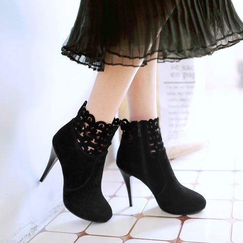 Pointed Toe Hollow Zip Women's High Heeled Ankle Boots