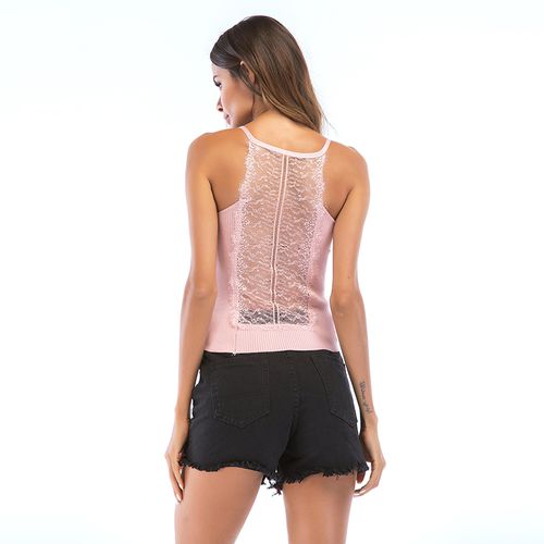 Summer V-neck Lace Stitching Short Trim Outer Wear Sling Tank Top for Girl