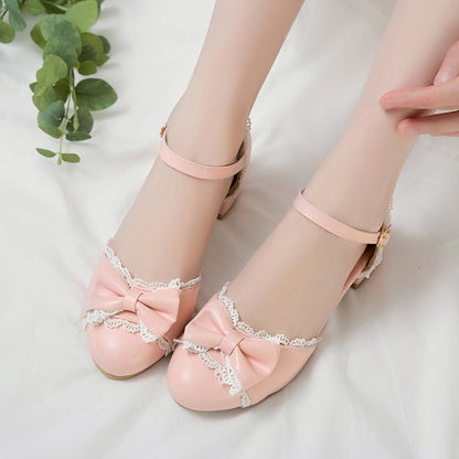 Women's Lace Bow Tie Mary Jane Mid Heels Sandals