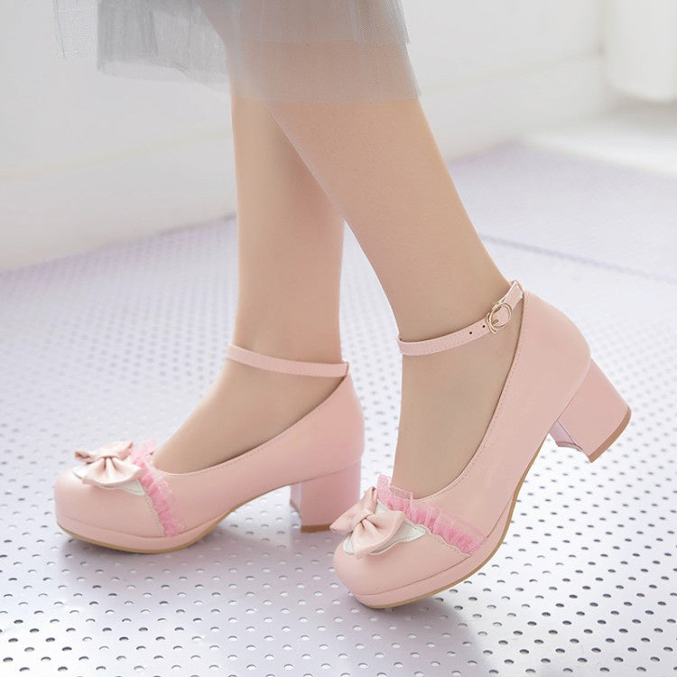 Women's Bow Tie High Heels Chunky Pumps