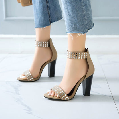 Women's Rhinestone High Heel Chunky Sandals