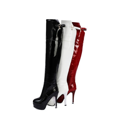 Women Buckle Belt Patent Leather High Heel Over the Knee Boots