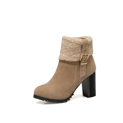 Women Buckle Wool High Heel Ankle Boots