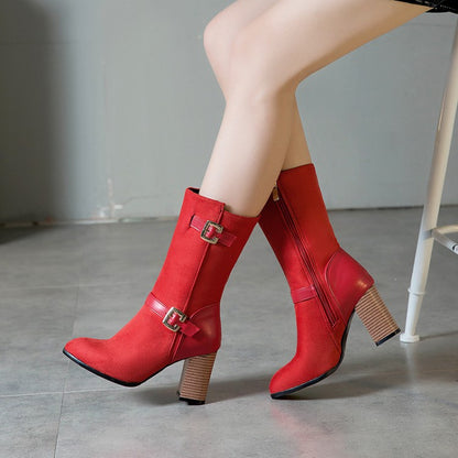 Women Buckle High Heel Mid Calf Boots