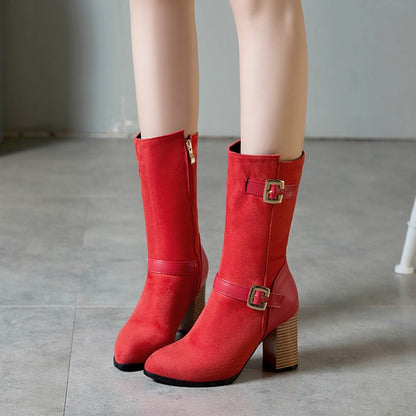 Women Buckle High Heel Mid Calf Boots