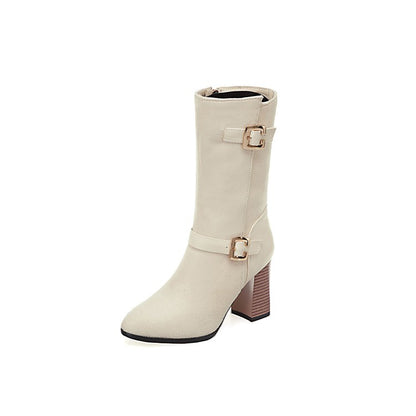 Women Buckle High Heel Mid Calf Boots