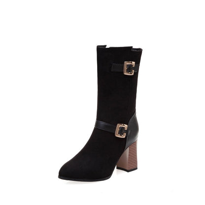 Women Buckle High Heel Mid Calf Boots