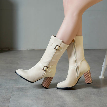 Women Buckle High Heel Mid Calf Boots