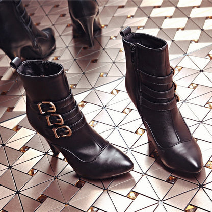 Women Pointed Toe Buckle High Heel Ankle Boots