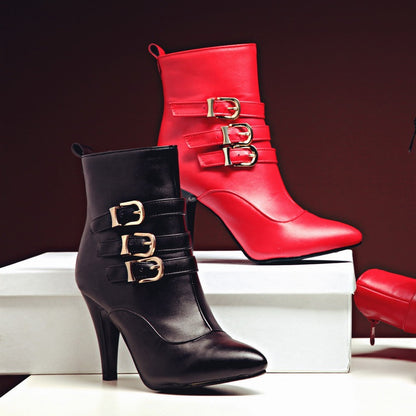 Women Pointed Toe Buckle High Heel Ankle Boots