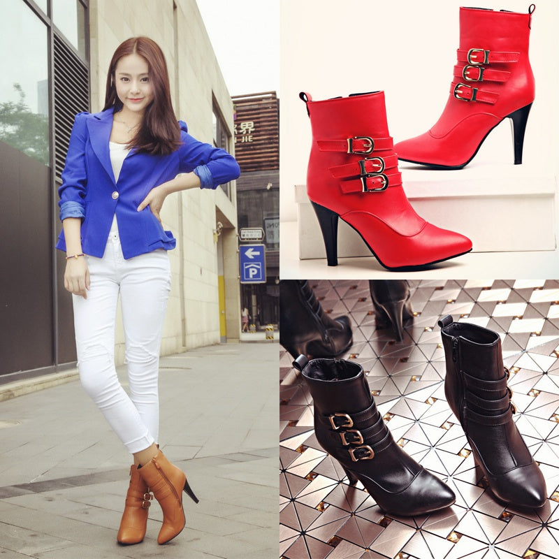 Women Pointed Toe Buckle High Heel Ankle Boots