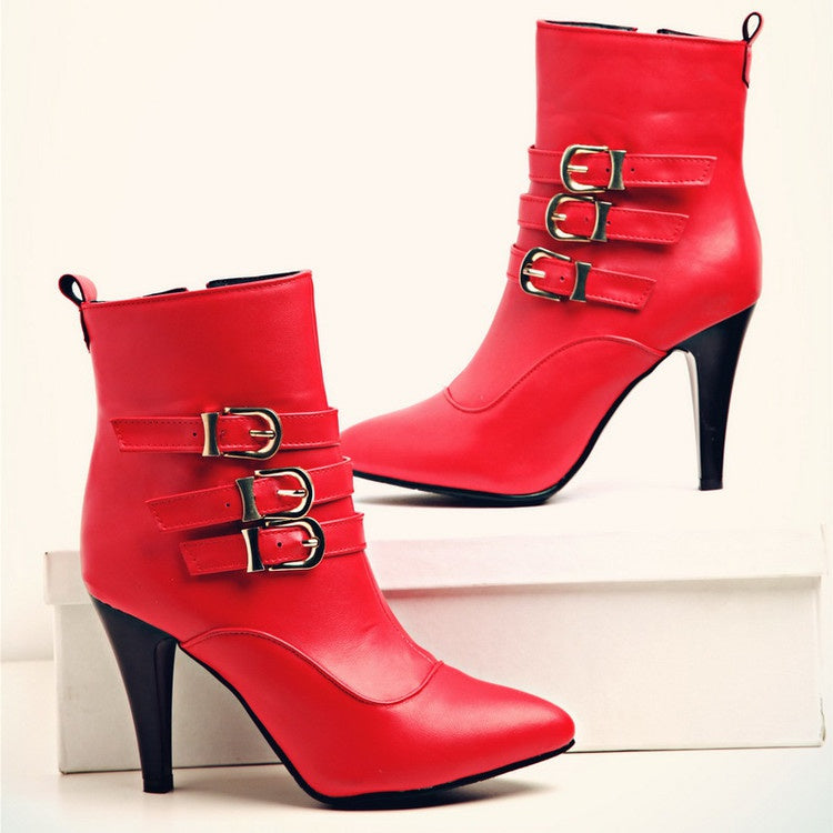 Women Pointed Toe Buckle High Heel Ankle Boots