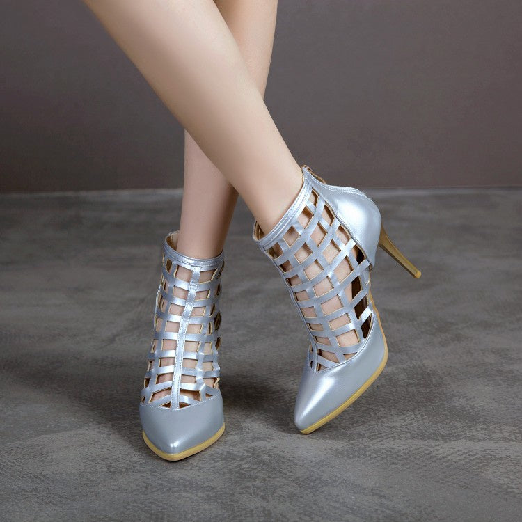 Women Pointed Toe Cut Out High Heel Ankle Boots