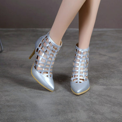 Women Pointed Toe Cut Out High Heel Ankle Boots