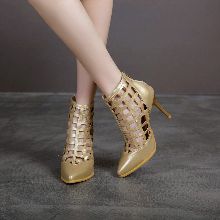Women Pointed Toe Cut Out High Heel Ankle Boots
