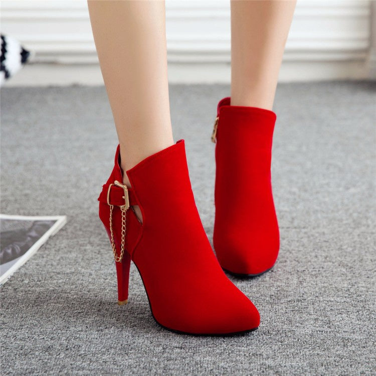 Women Pointed Toe Chains High Heel Ankle Boots