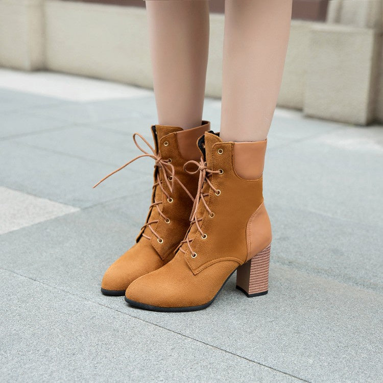 Women Lace Up Chunky High Heel Ankle Boots