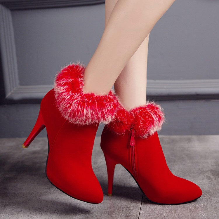 Women Furry Stiletto High Heel Ankle Boots