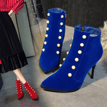 Women Pointed Toe Pearl Stiletto High Heel Ankle Boots