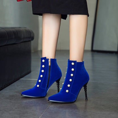 Women Pointed Toe Pearl Stiletto High Heel Ankle Boots