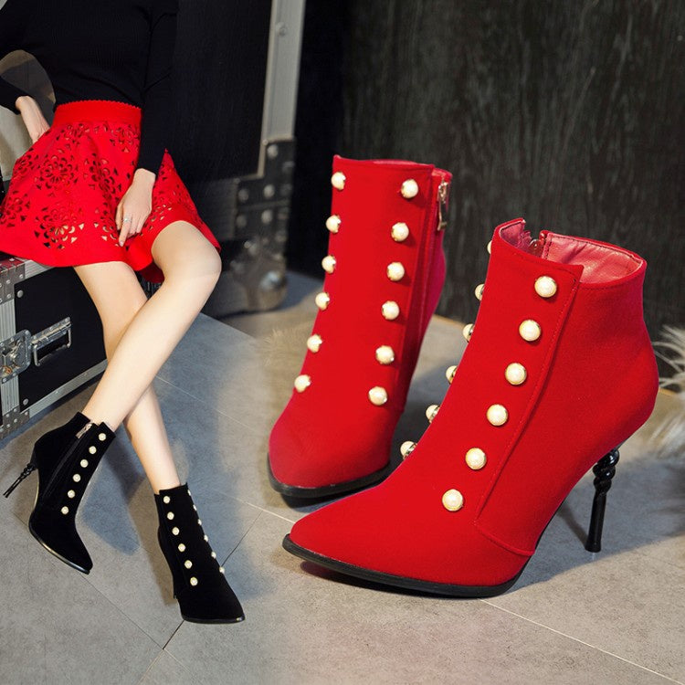 Women Pointed Toe Pearl Stiletto High Heel Ankle Boots