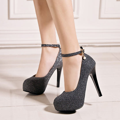 Women Ankle Strap Sequined High Heels Platform Pumps