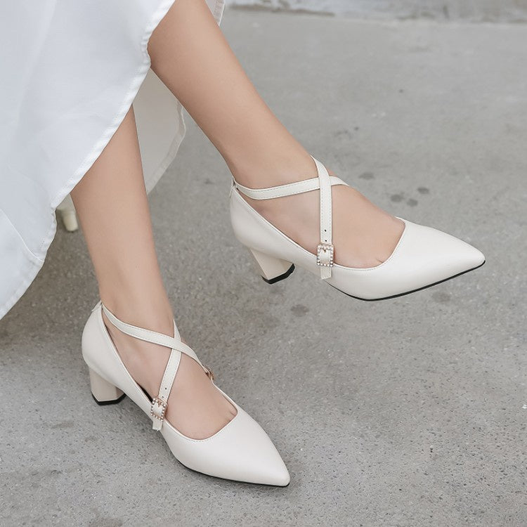 Women's Pointed Toe Buckle High Heel Chunky Pumps