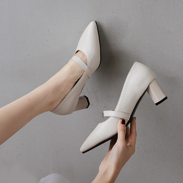 Women's Pointed Toe Pearl High Heel Chunky Pumps