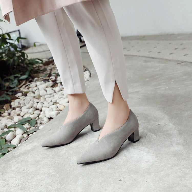 Women's Pointed Toe Suede High Heel Chunky Pumps