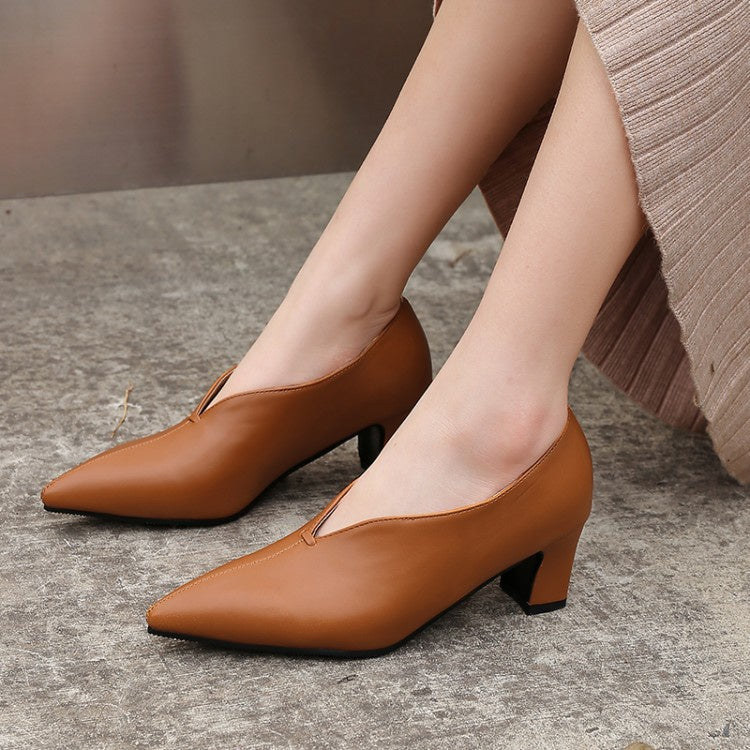 Women's Pu Leather High Heel Chunky Pumps