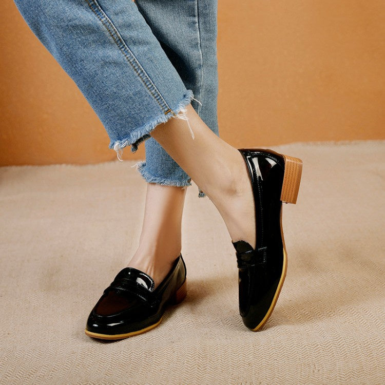 Women's Patent Leather Low Heel Chunky Pumps