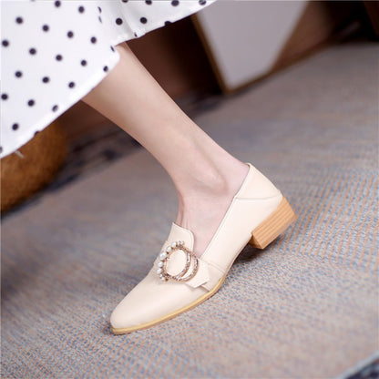 Women's Rhinestone Pearl Low Heel Chunky Pumps