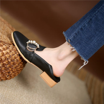 Women's Rhinestone Pearl Low Heel Chunky Pumps