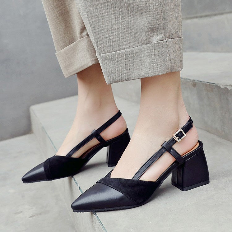 Women's Pointed Toe Slingbacks Buckle High Heel Chunky Sandals